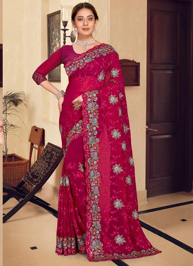 Georgette Rani Wedding Wear Embroidery Work Saree